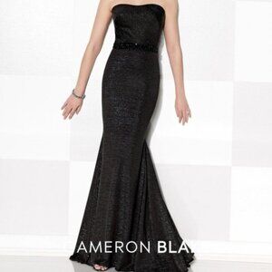 Cameron Blake by Mon Cheri Black Metallic Jersey Trumpet Gown